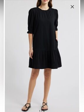 NWT Caslon Small Women’s Black Ruffle Trim Puff Sleeve Shift Mini Dress Rt $59!